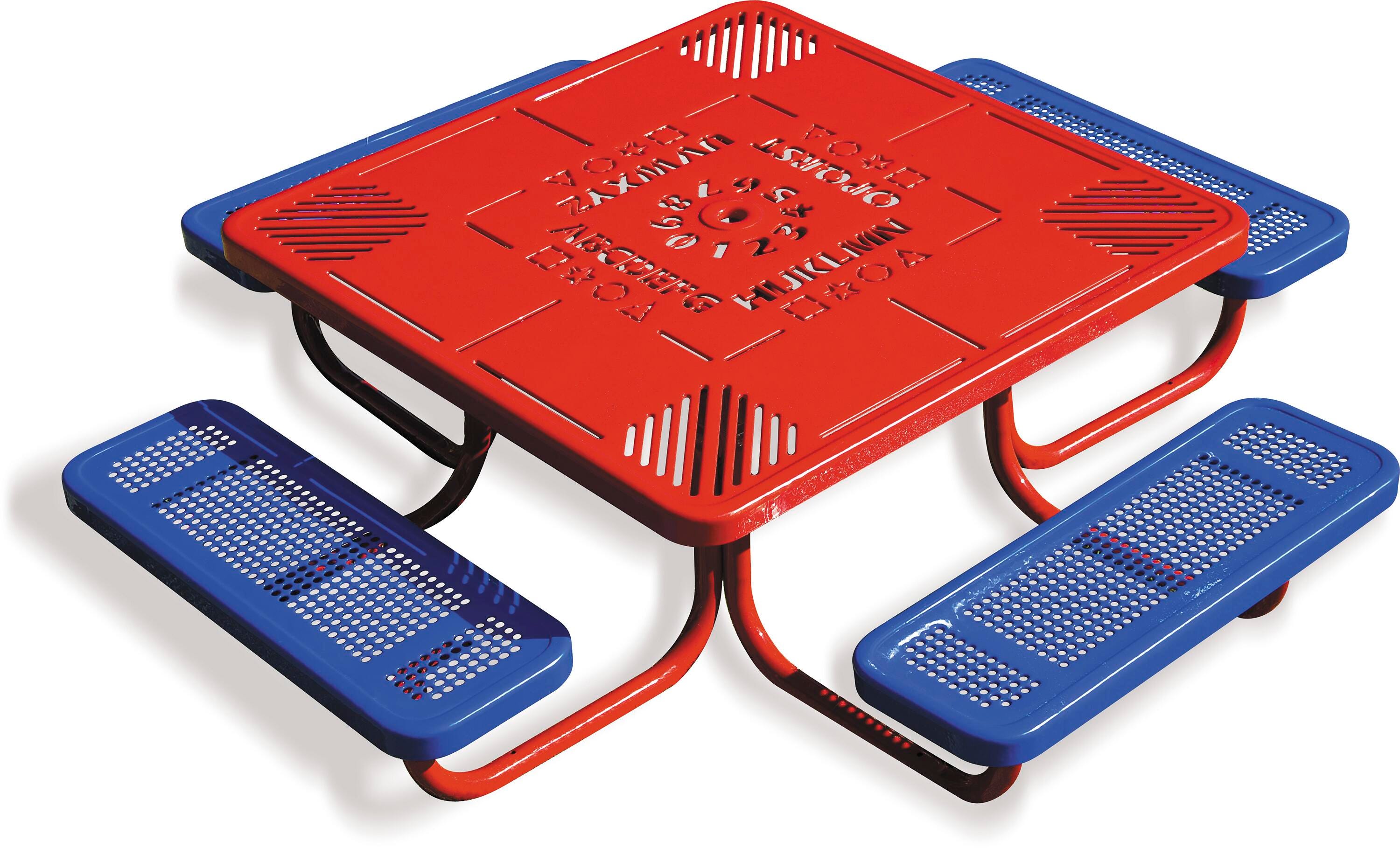 UltraSite Pre-School Square Learning Picnic Table, 78-11/16 x 78-11/16 x 20 Inches, Blue Seat, Red Frame, Item Number 1364780